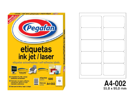 ETIQUETA A4 PARA INK JET LASER 4 x 2" (55.8mm x 99.0mm) PAQ. 1/500 UND